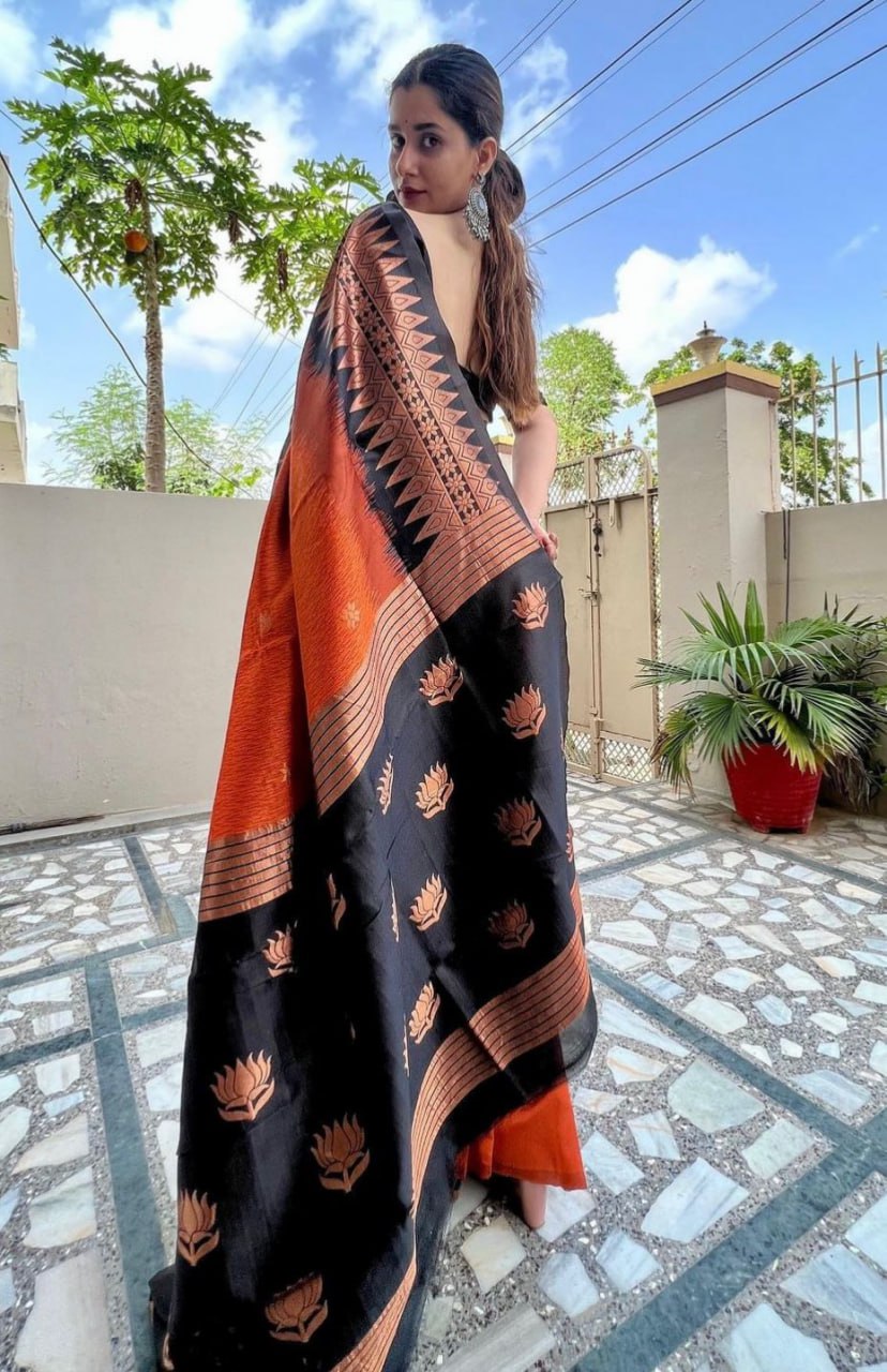 Orange Color Banarasi Litchi Silk Saree With Blouse Piece