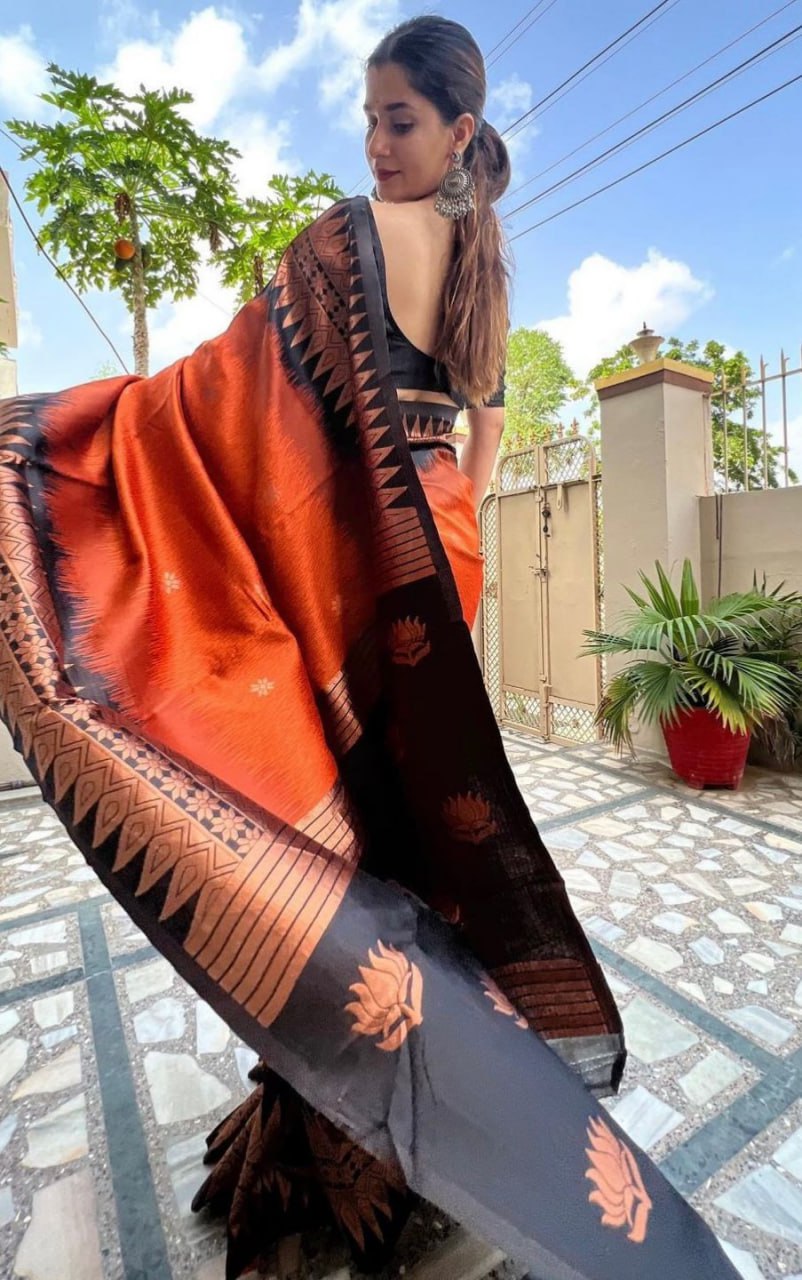 Orange Color Banarasi Litchi Silk Saree With Blouse Piece