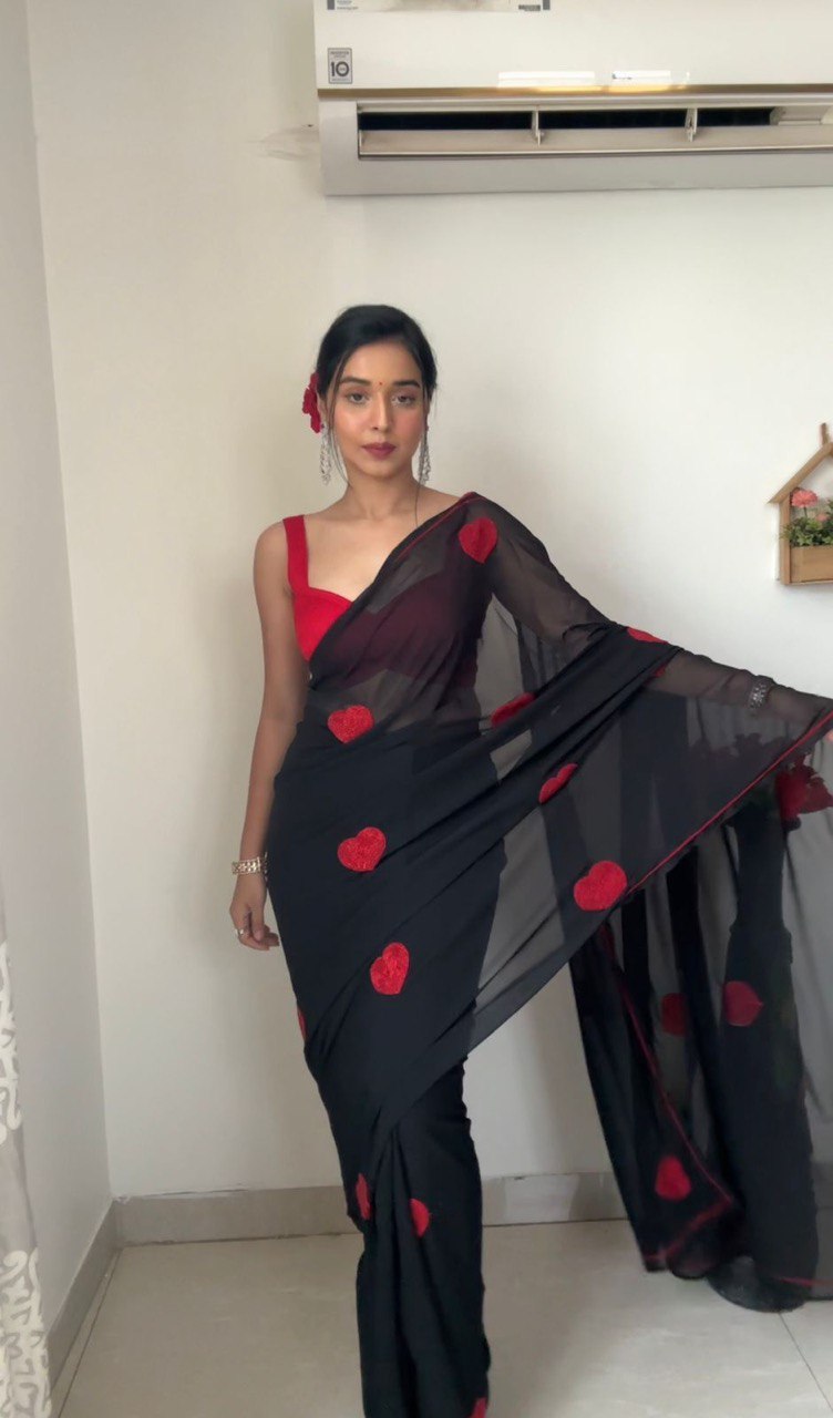 Black Colour 1-Min Georgette Ready To Wear Saree With Blouse Piece