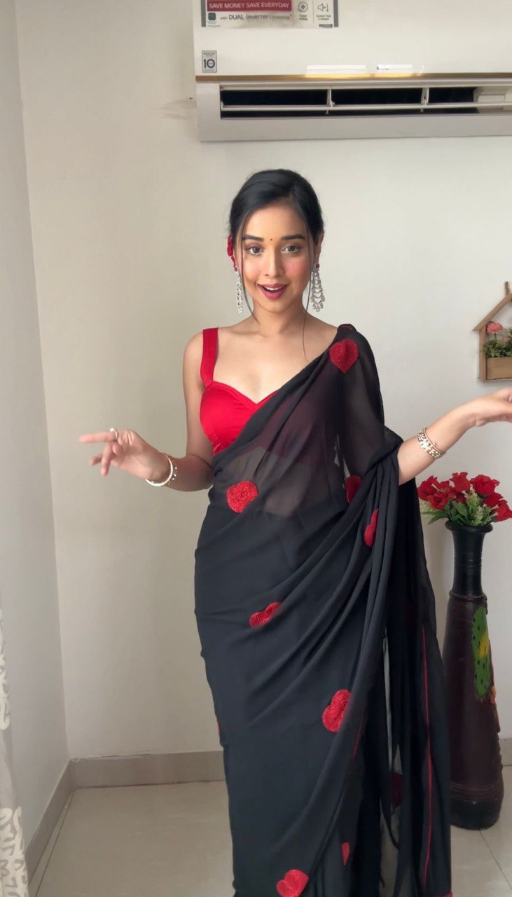 Black Colour 1-Min Georgette Ready To Wear Saree With Blouse Piece