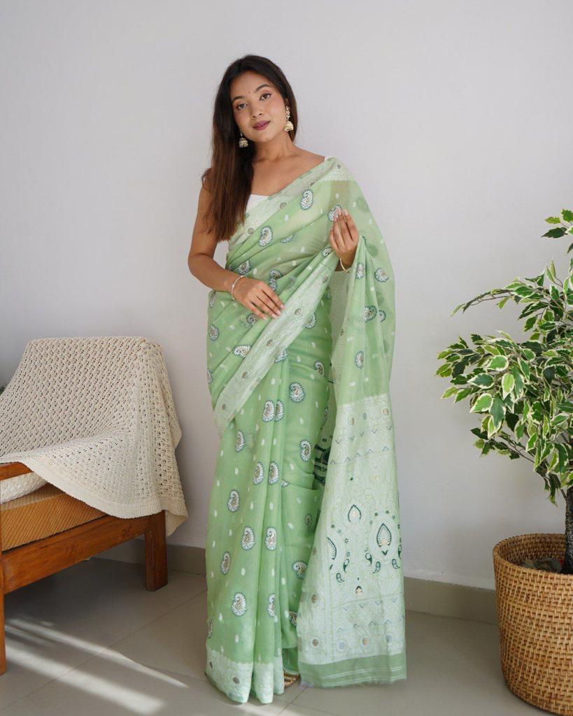 Pure Linen Silk Saree With Multi Thread Blouse