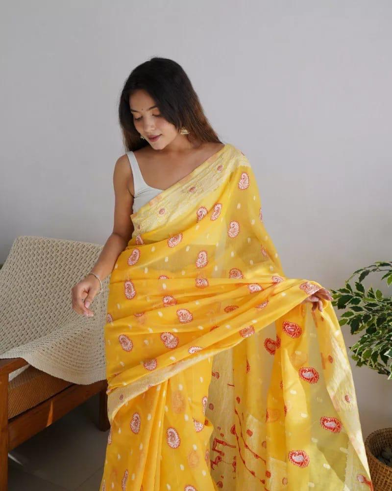 Pure Linen Silk Saree With Multi Thread Blouse