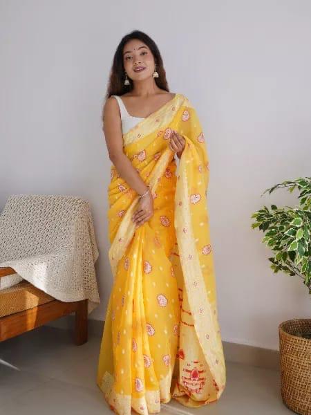 Pure Linen Silk Saree With Multi Thread Blouse