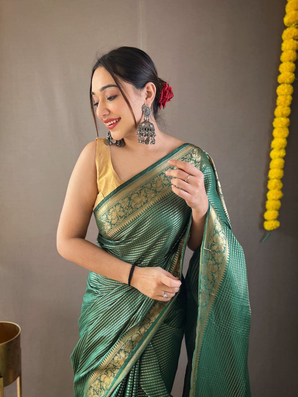 Green Soft Banarasi Silk Saree With Effervescent Blouse Piece