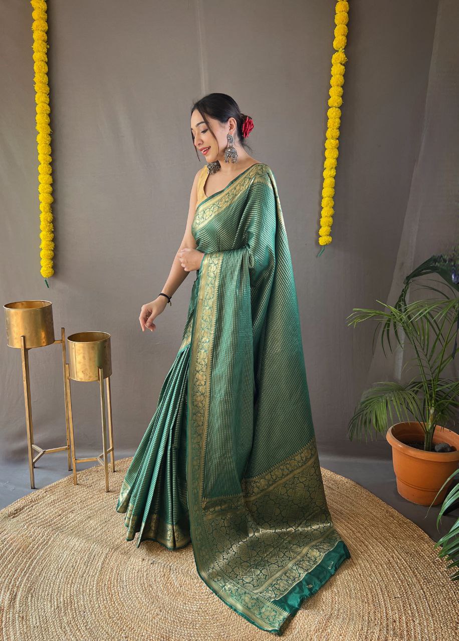 Green Soft Banarasi Silk Saree With Effervescent Blouse Piece