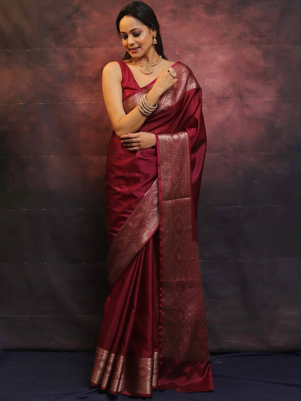 Marron Color New Design Soft Banarasi Silk Saree with Golden Zari Work