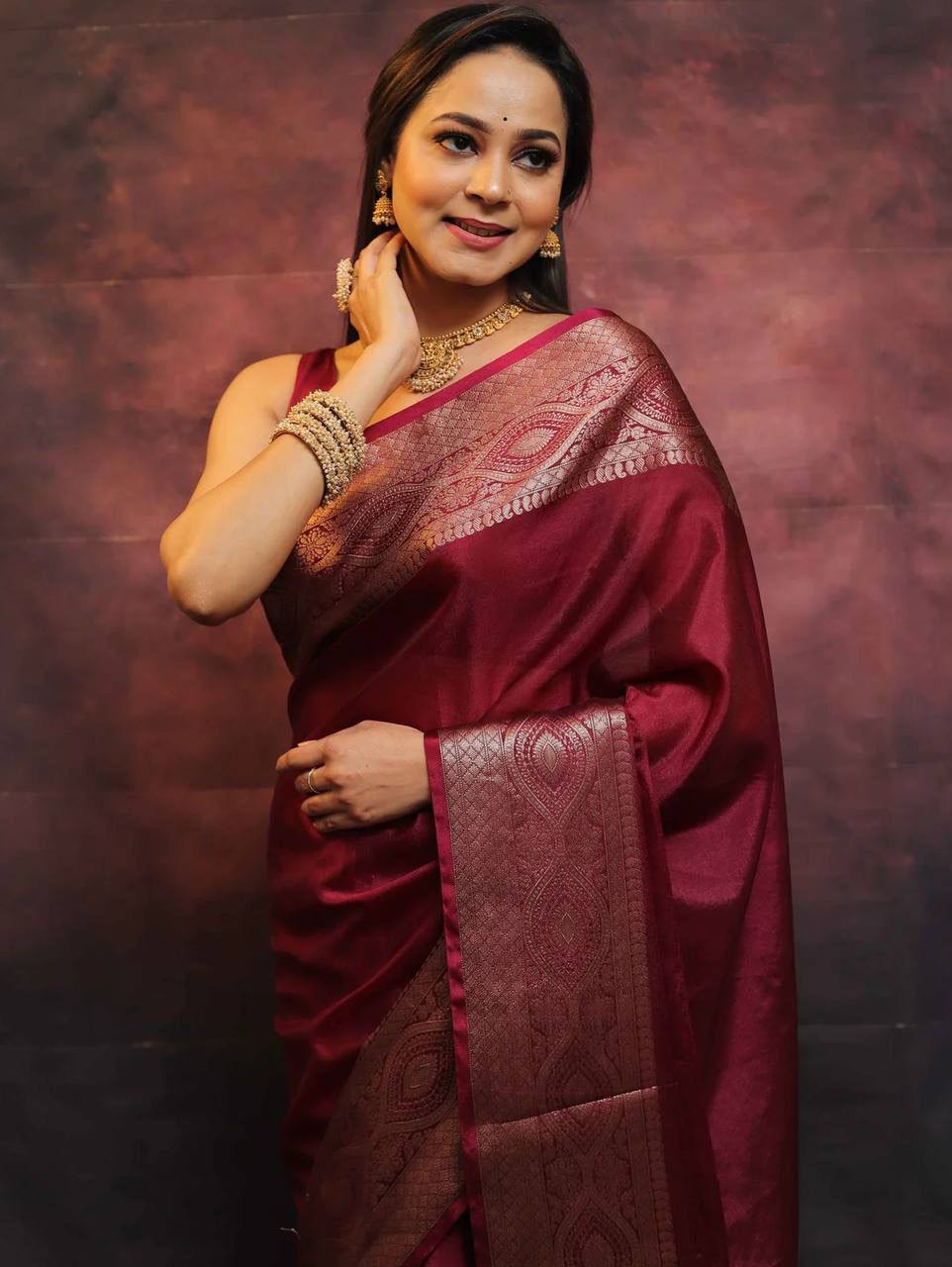 Marron Color New Design Soft Banarasi Silk Saree with Golden Zari Work