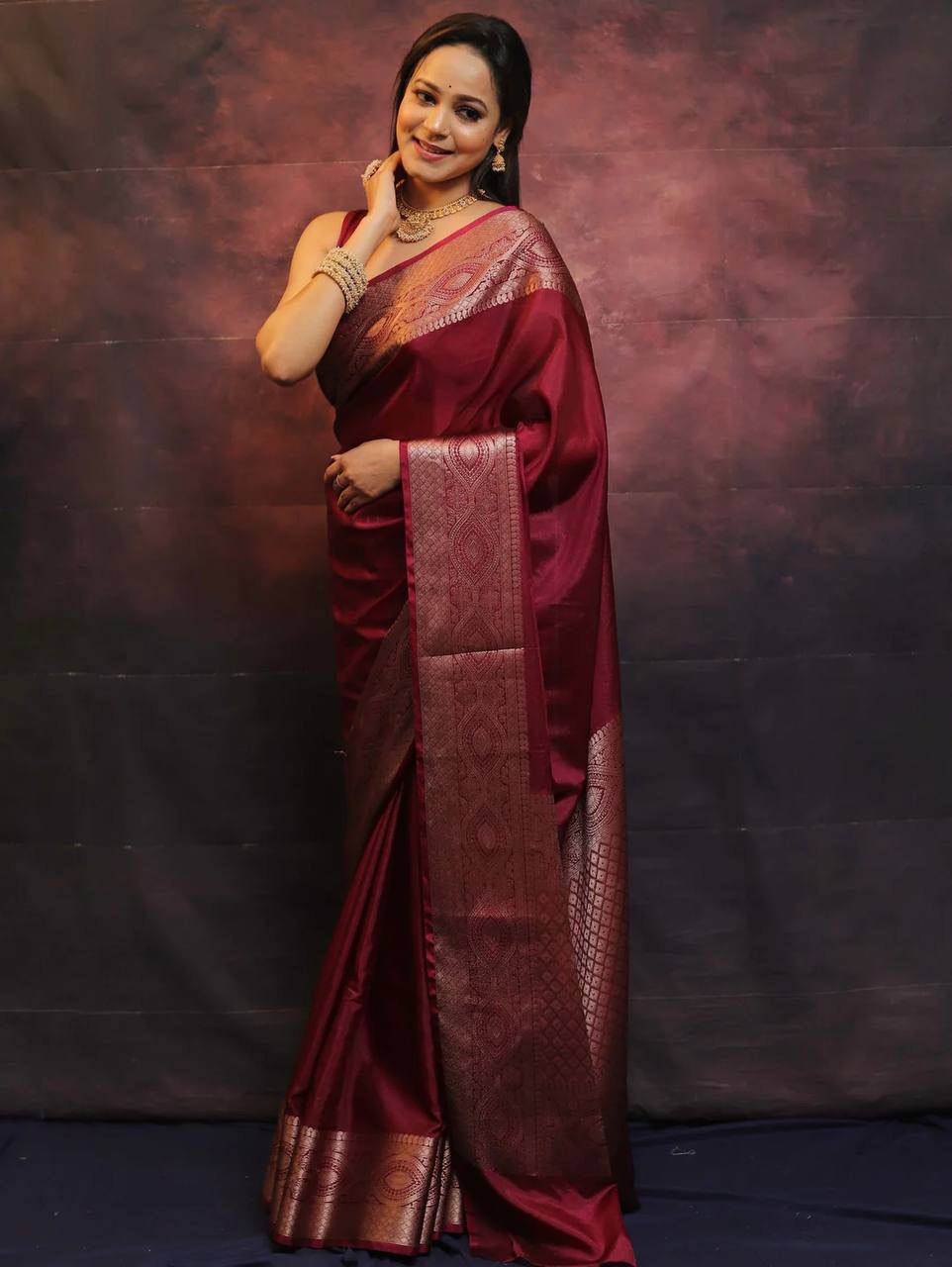 Marron Color New Design Soft Banarasi Silk Saree with Golden Zari Work