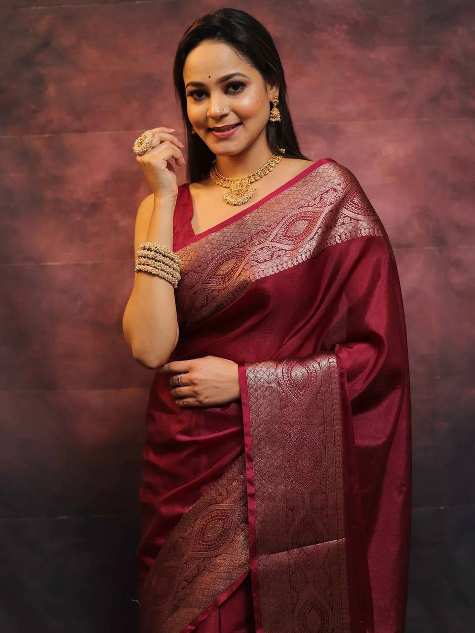 Marron Color New Design Soft Banarasi Silk Saree with Golden Zari Work