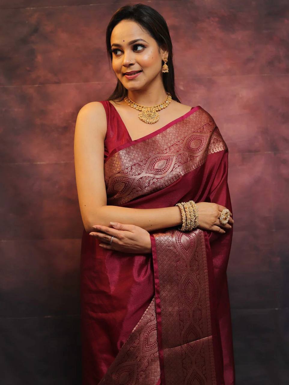 Marron Color New Design Soft Banarasi Silk Saree with Golden Zari Work