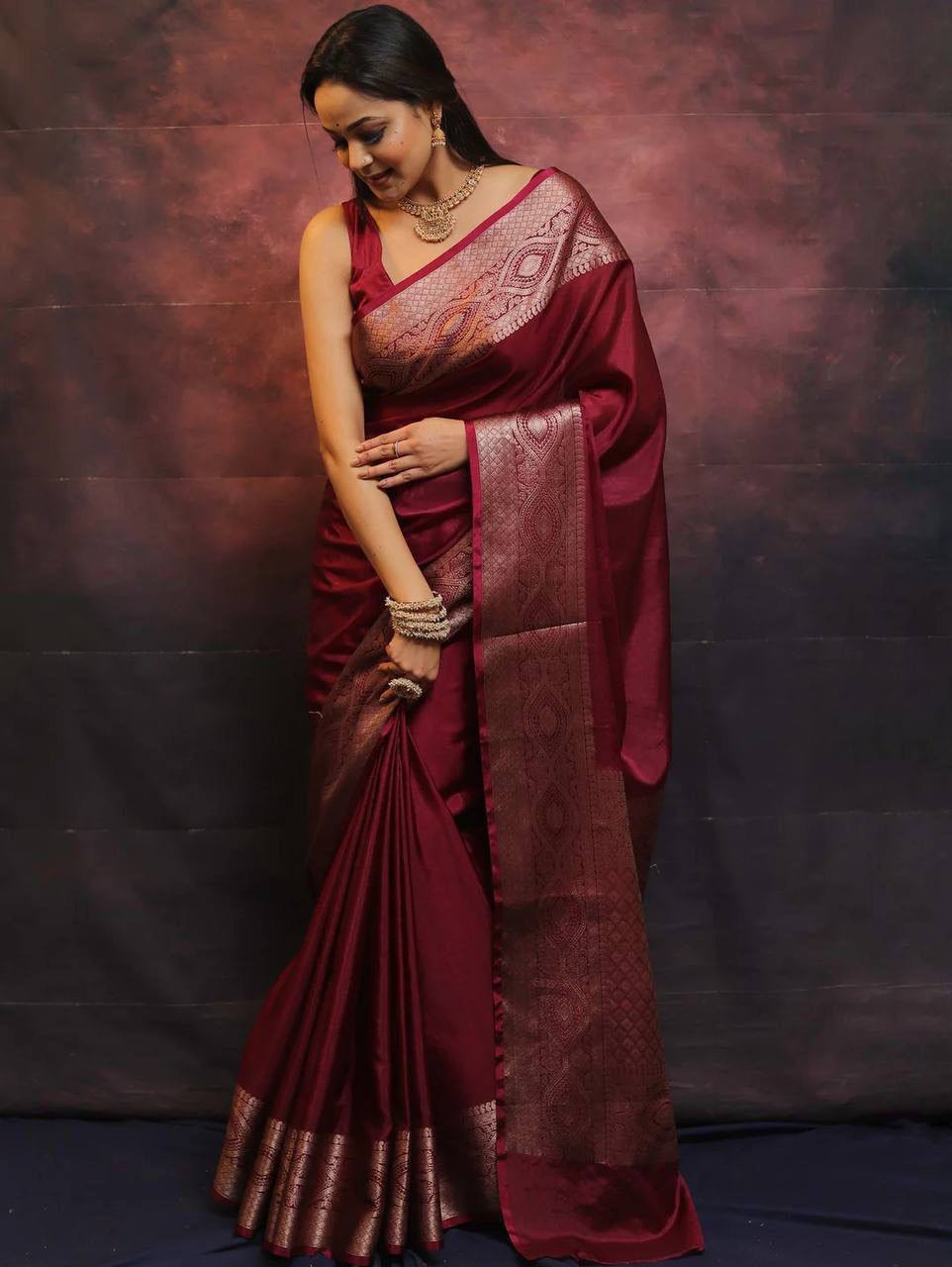 Marron Color New Design Soft Banarasi Silk Saree with Golden Zari Work