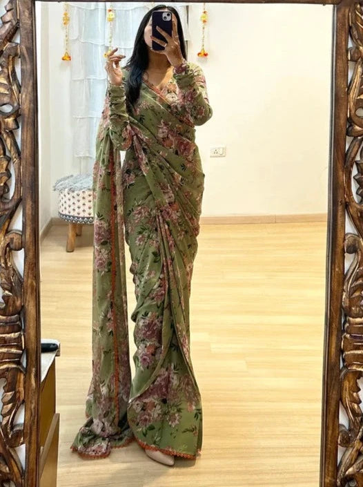 Pretty 1-Minute Ready To Wear Green Georgette Saree