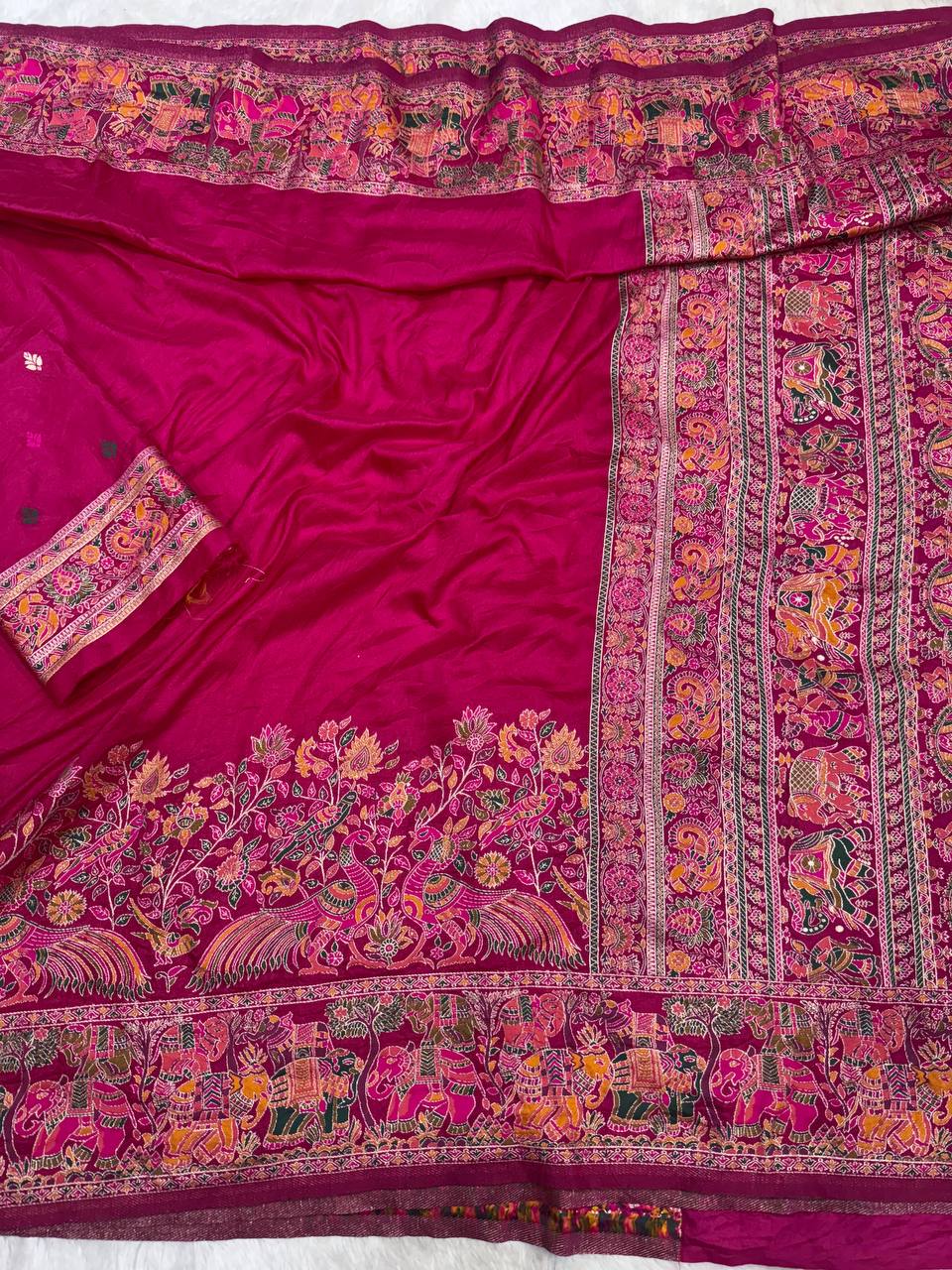 Redolent Rajwadi Pashmina  Saree With Embrocation Blouse Piece - PINK