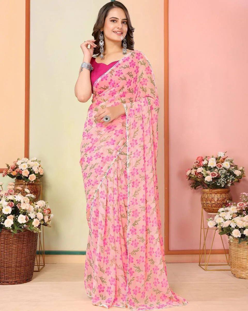 Conflate Pink 1 Minute Ready To Wear Floral Digital Printed Georgette Saree