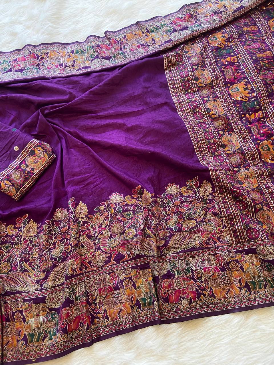 Redolent Rajwadi Pashmina  Saree With Embrocation Blouse Piece - PURPLE
