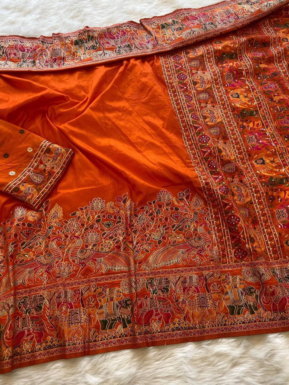Redolent Rajwadi Pashmina  Saree With Embrocation Blouse Piece - ORANGE