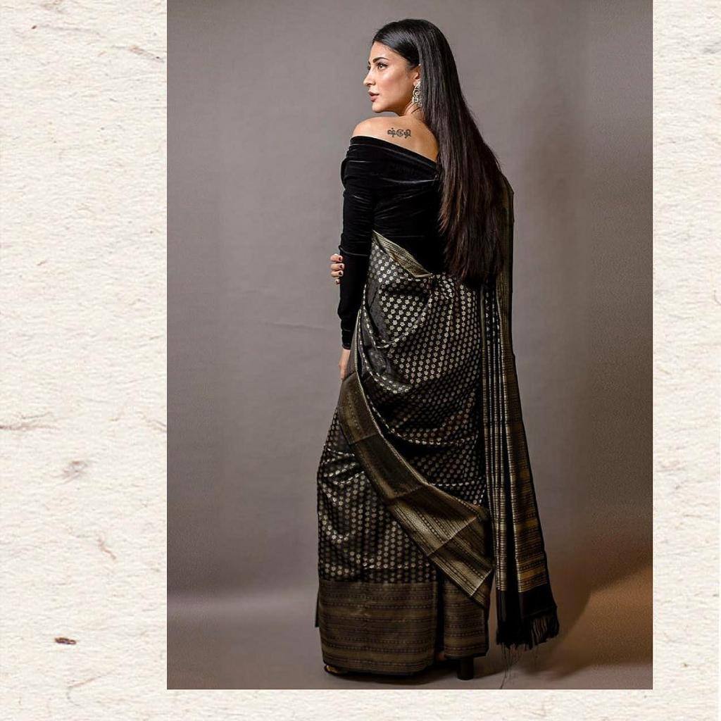 Stylish Black Colour Banarasi Litchi Silk Saree With Blouse Piece