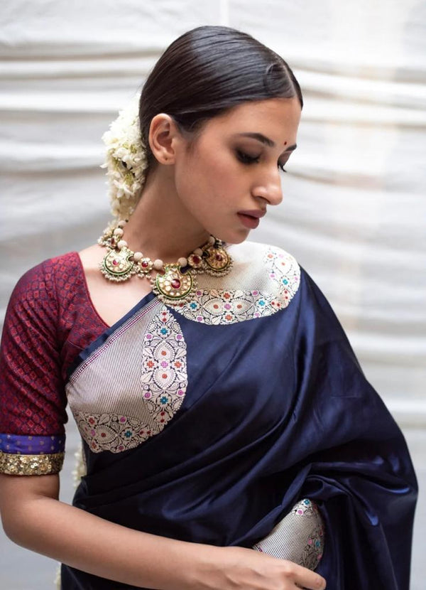 Blue Colour Banarasi Litchi Silk Saree With Blouse Piece