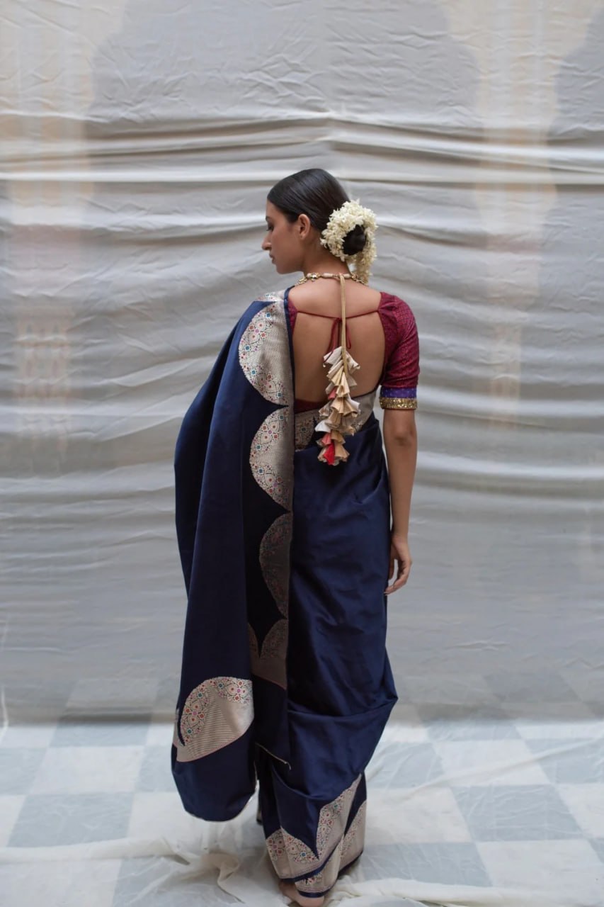 Blue Colour Banarasi Litchi Silk Saree With Blouse Piece