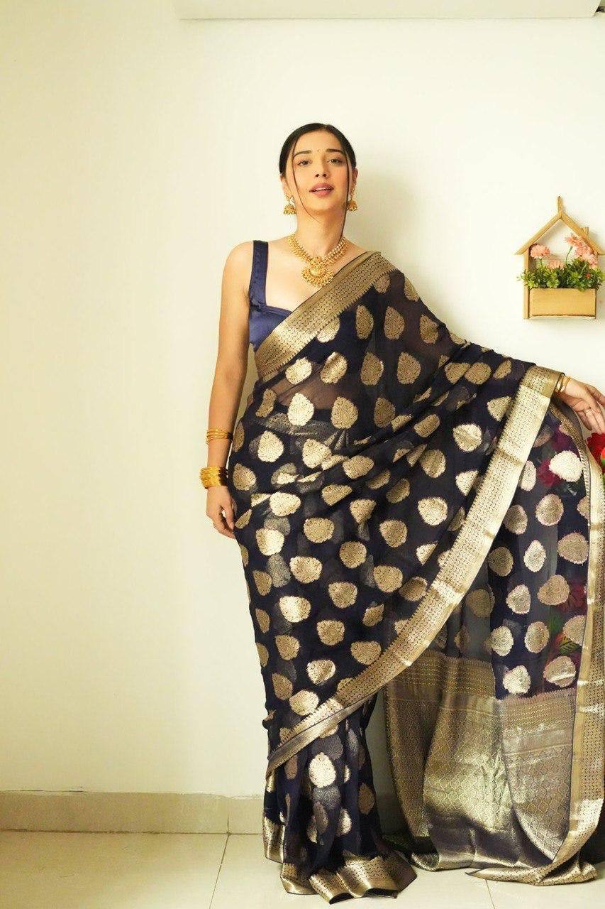 Black Colour 1-Min Cotton Silk Ready To Wear Saree With Blouse Piece