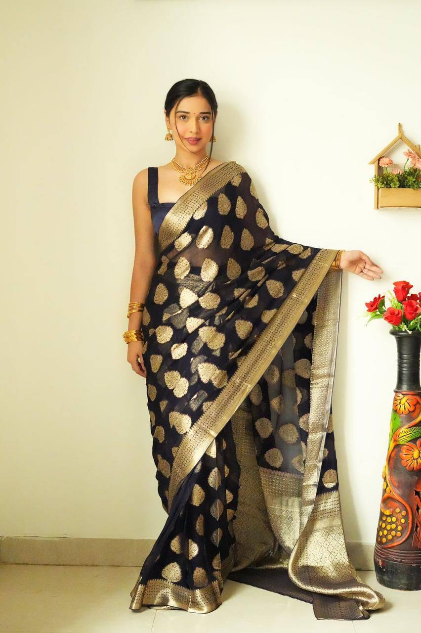 Black Colour 1-Min Cotton Silk Ready To Wear Saree With Blouse Piece