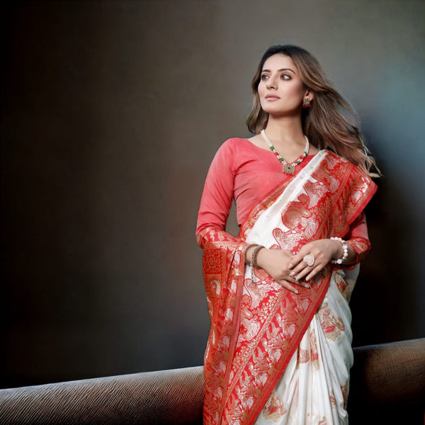 White and Red Color Banarasi Litchi Silk Saree With Blouse Piece