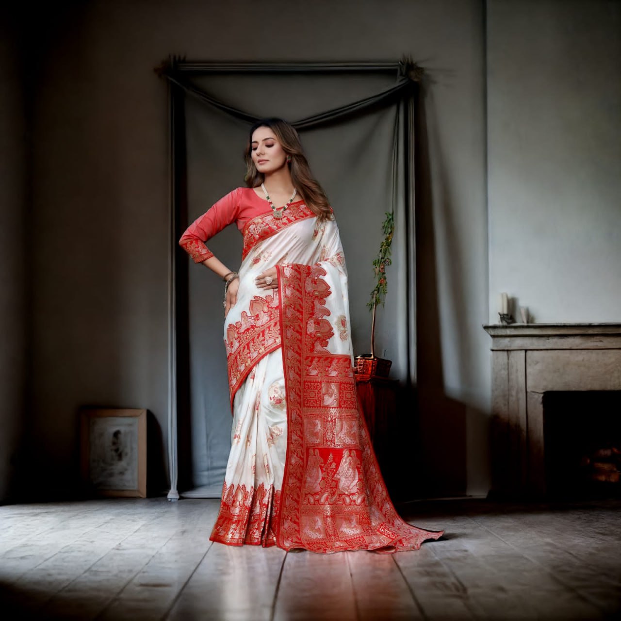 White and Red Color Banarasi Litchi Silk Saree With Blouse Piece