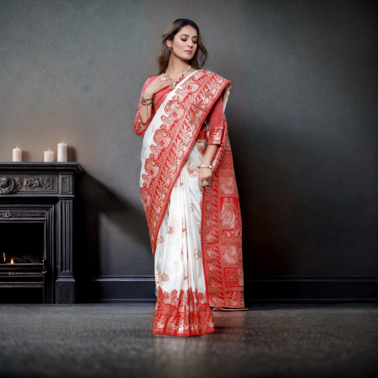 White and Red Color Banarasi Litchi Silk Saree With Blouse Piece