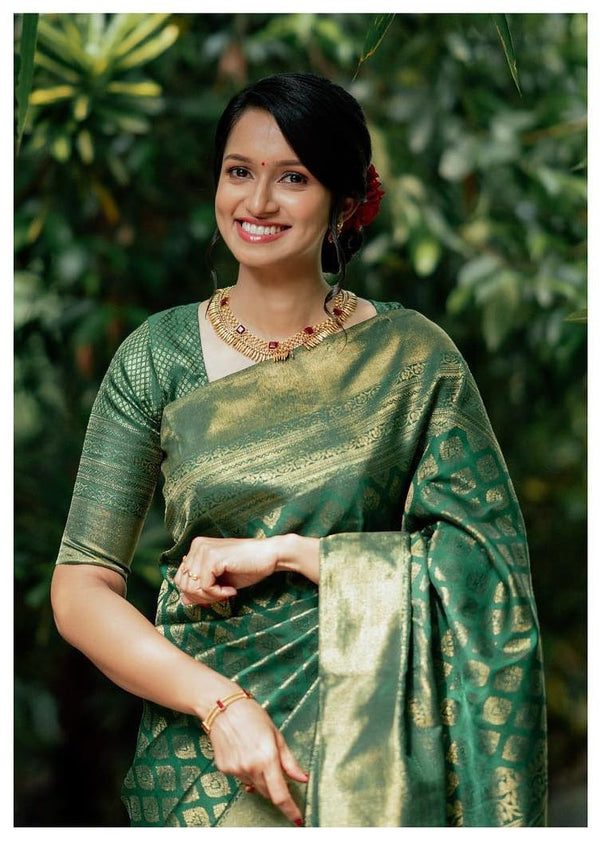 Dark Green Colour Banarasi Litchi Silk Saree With Blouse Piece