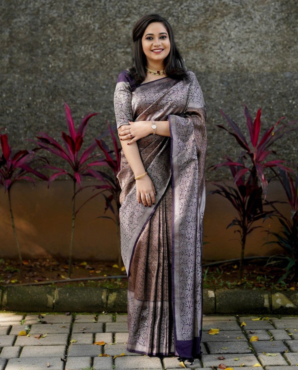 Purple Color Banarasi Litchi Silk Saree With Blouse Piece