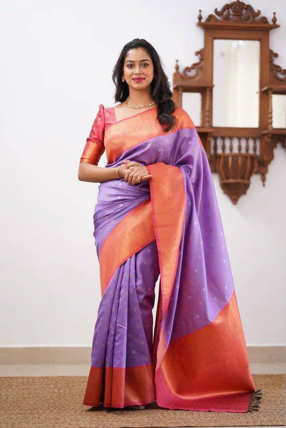 Lavender Color Banarasi Litchi Silk Saree With Blouse Piece