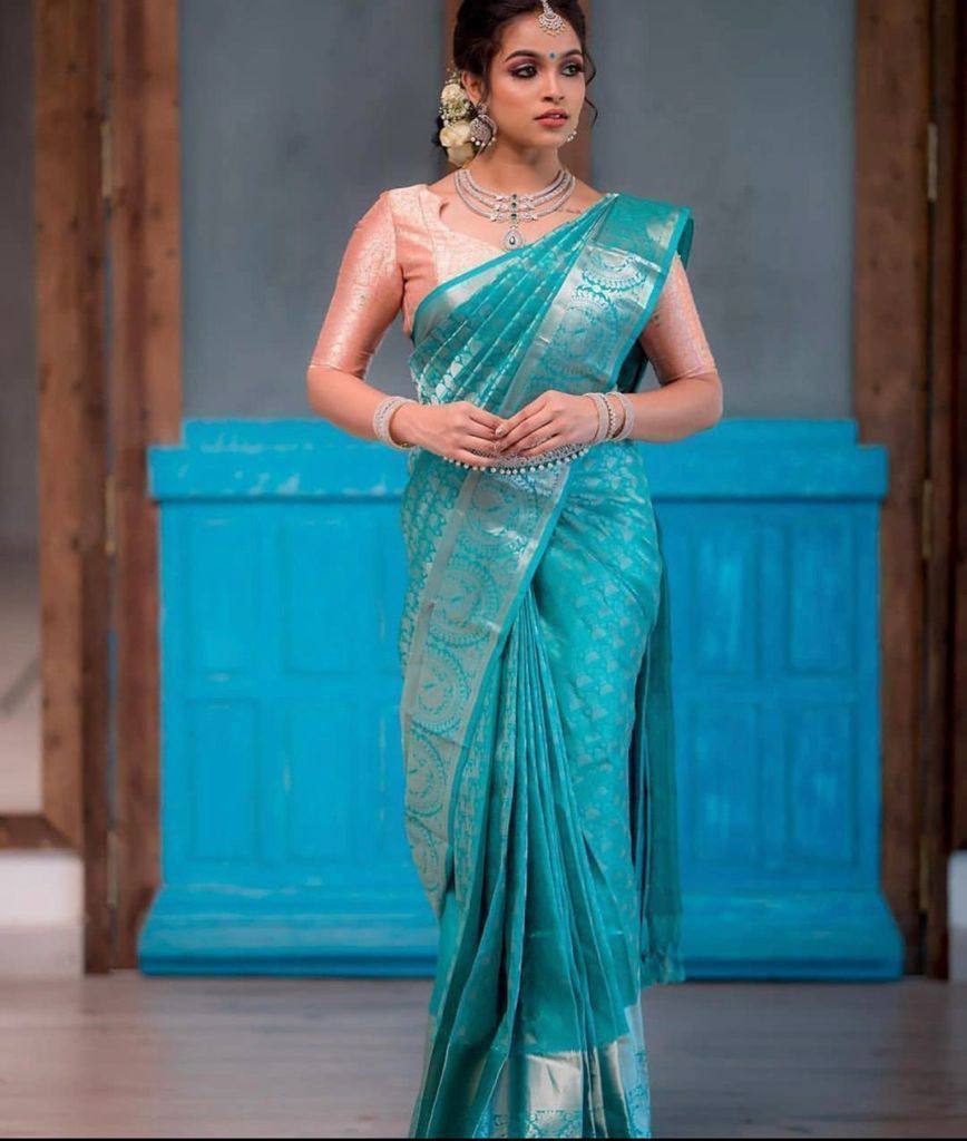 Aqua Sky Blue Colour Kanjivaram Woven Silk Saree With Blouse Piece