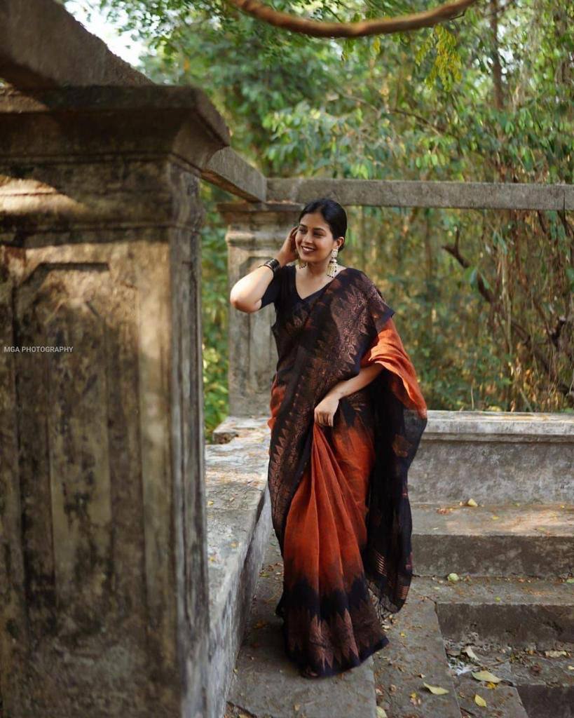 Orange and Black Banarasi Litchi Silk Saree With Blouse Piece