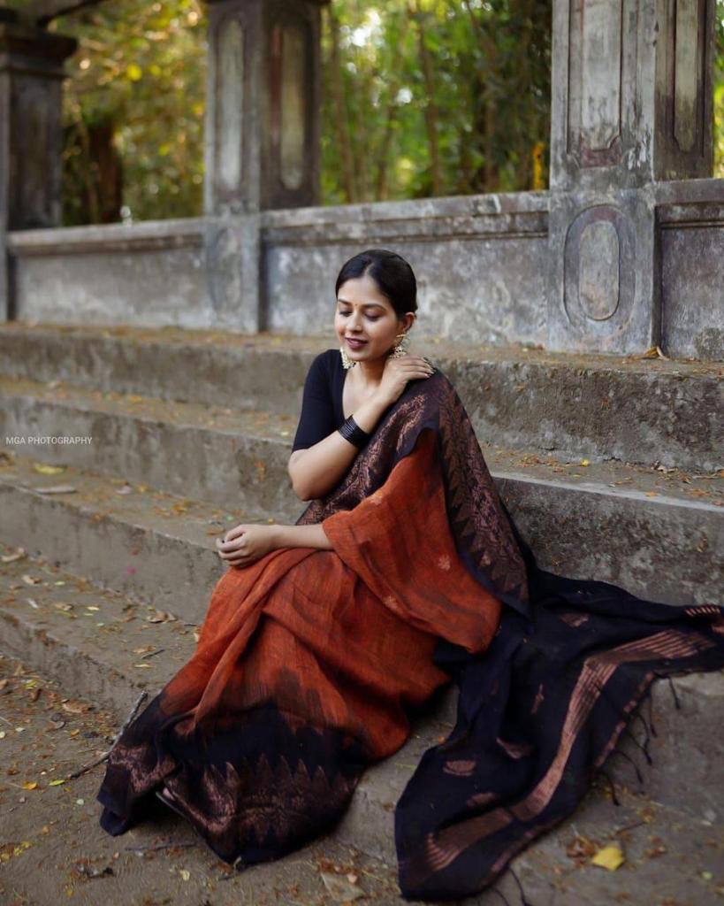 Orange and Black Banarasi Litchi Silk Saree With Blouse Piece