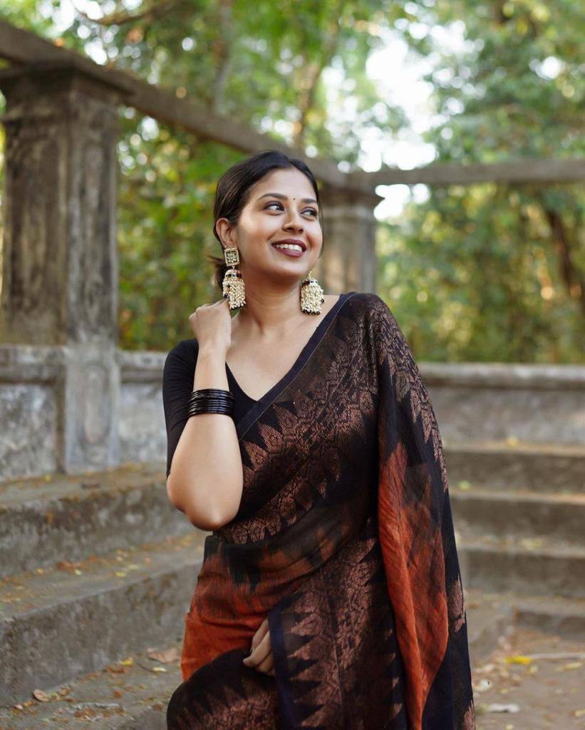 Orange and Black Banarasi Litchi Silk Saree With Blouse Piece