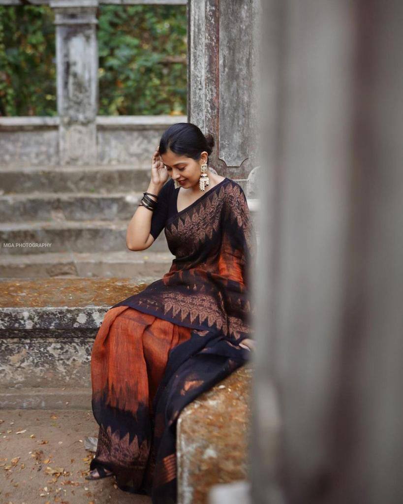 Orange and Black Banarasi Litchi Silk Saree With Blouse Piece