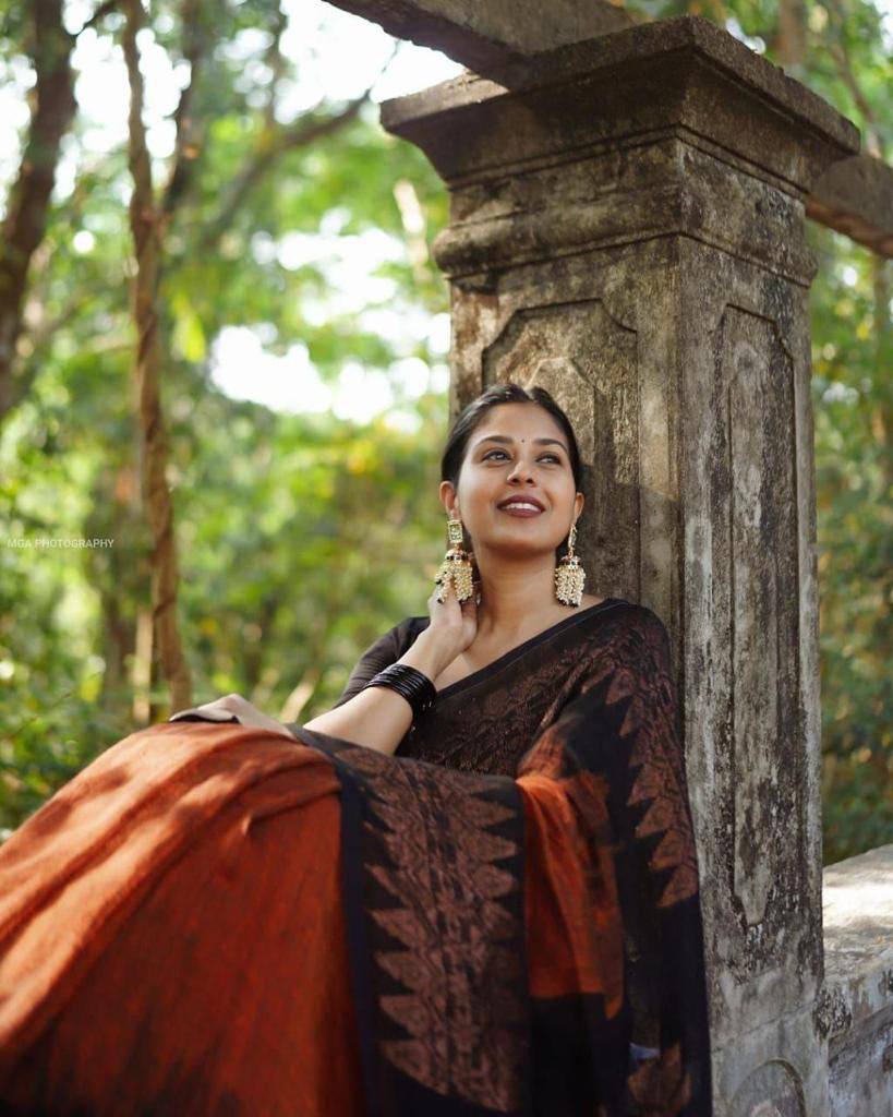 Orange and Black Banarasi Litchi Silk Saree With Blouse Piece