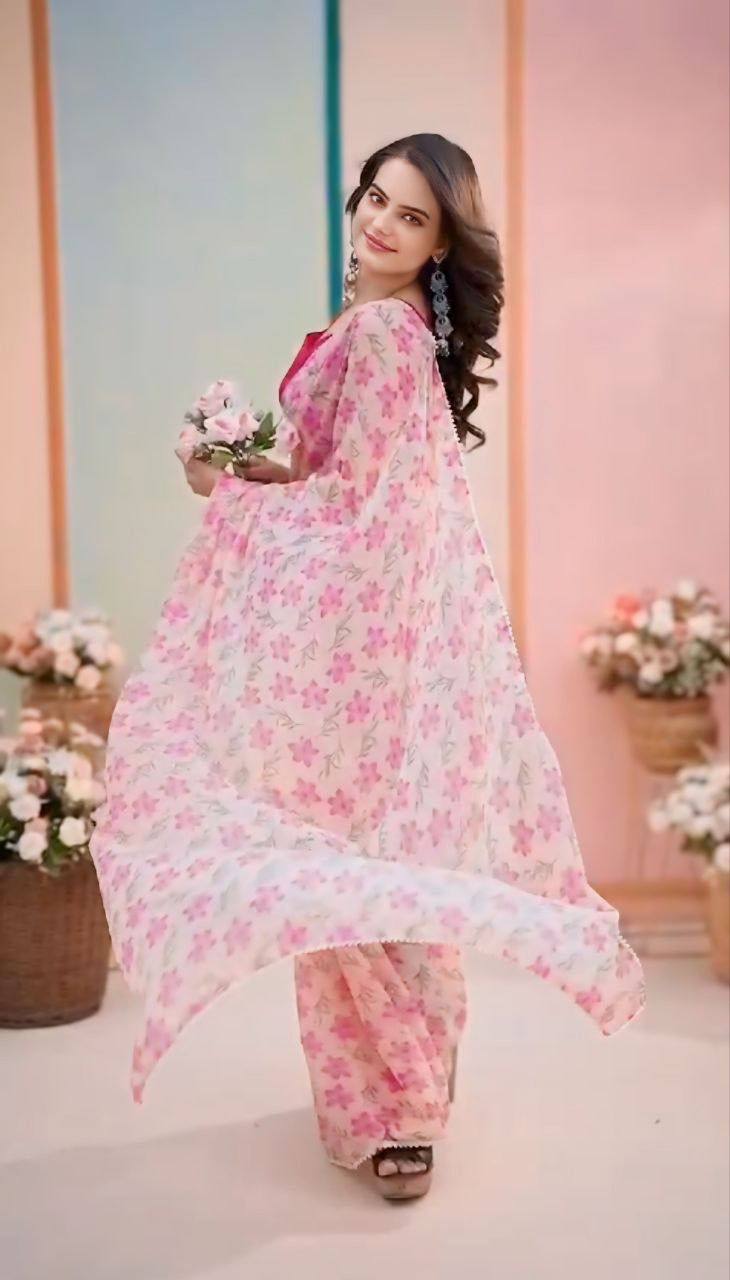 Conflate Pink 1 Minute Ready To Wear Floral Digital Printed Georgette Saree