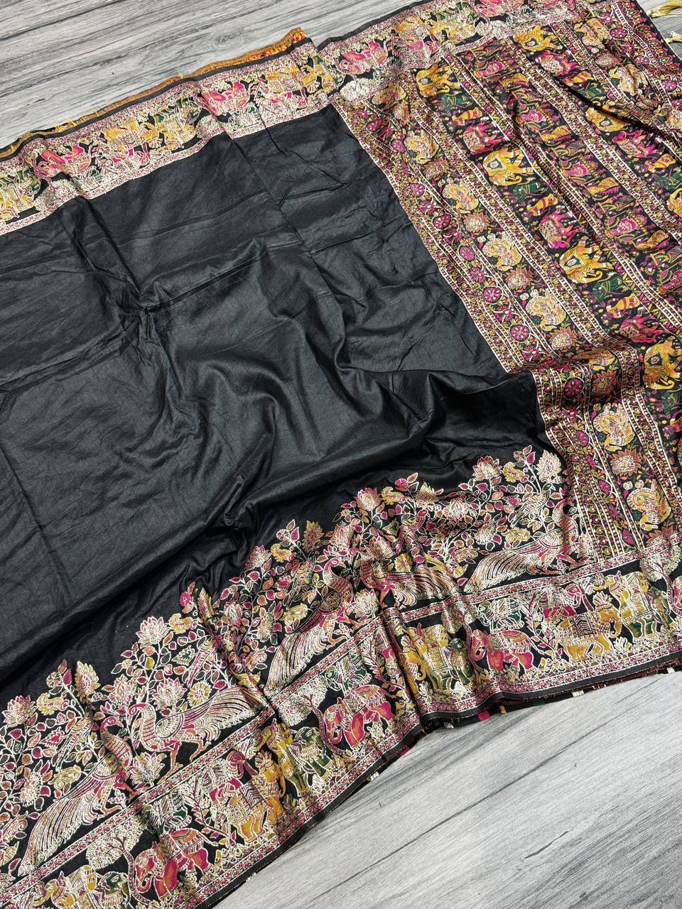 Redolent Rajwadi Pashmina  Saree With Embrocation Blouse Piece - BLACK